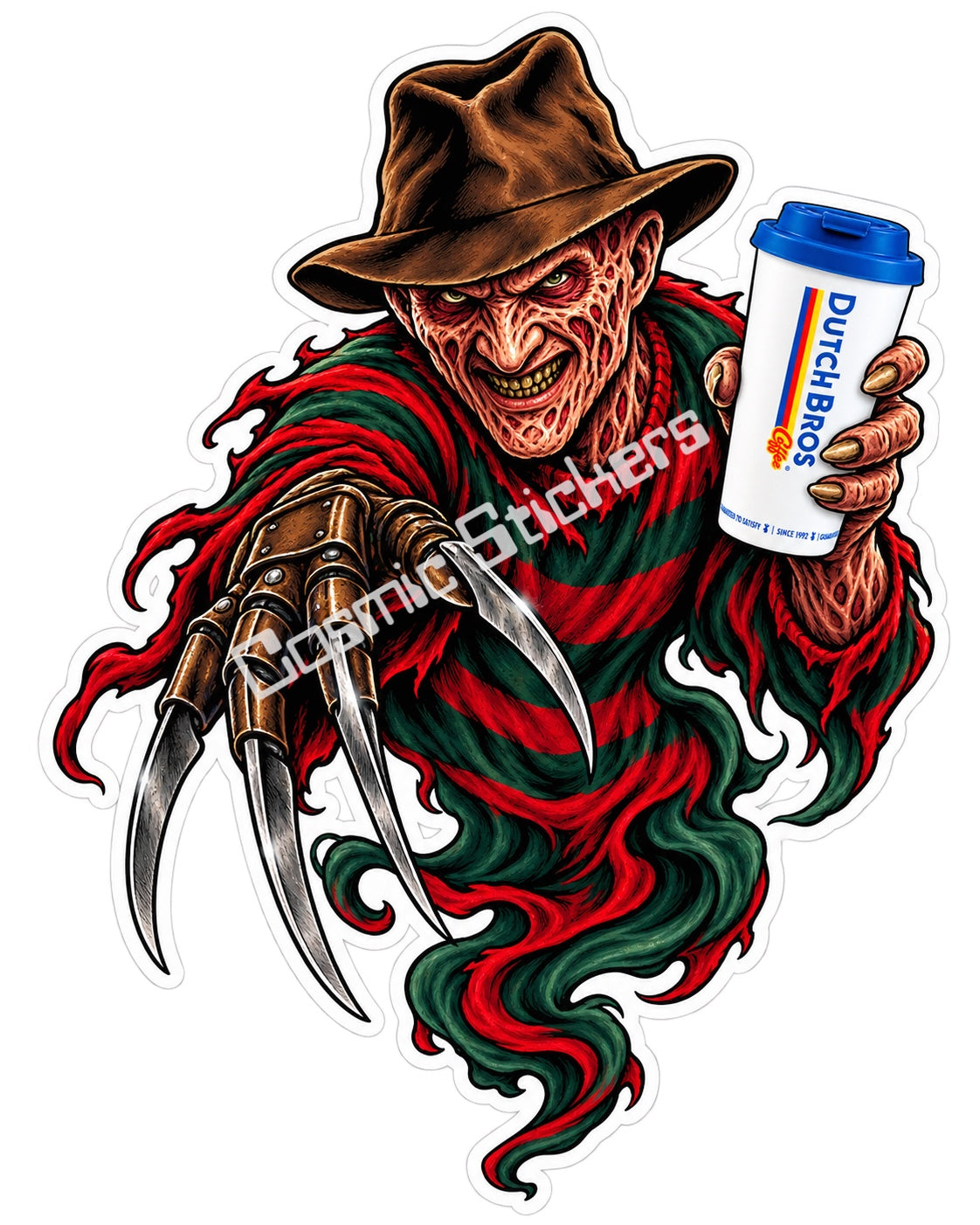 Fan-made dream stalker ghost with hot coffee sticker artwork by Cosmic Stickers
