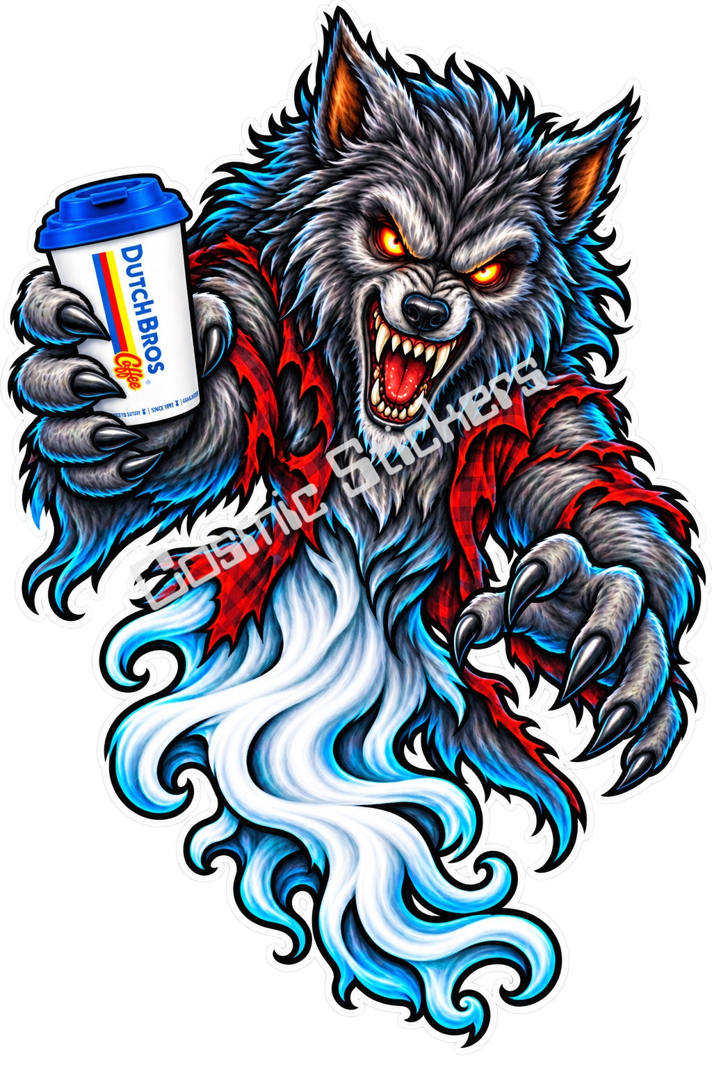 Fan-made gray werewolf ghost with hot coffee sticker artwork by Cosmic Stickers