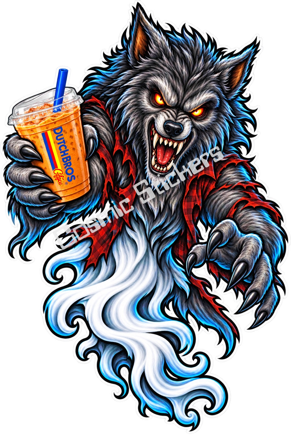 Fan-made gray werewolf ghost with iced coffee sticker artwork by Cosmic Stickers