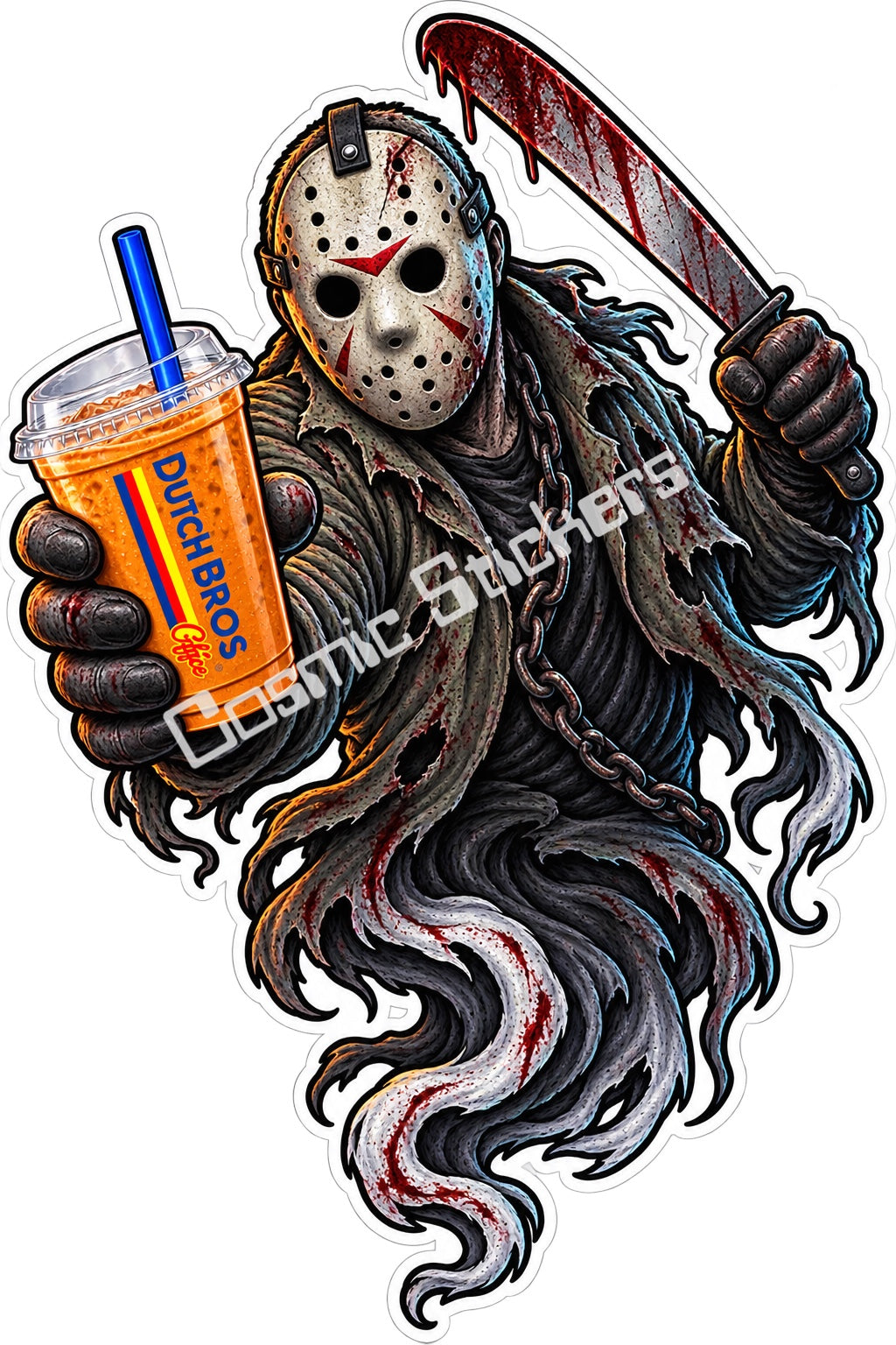 Fan-made hockey mask slasher ghost with iced coffee sticker artwork by Cosmic Stickers