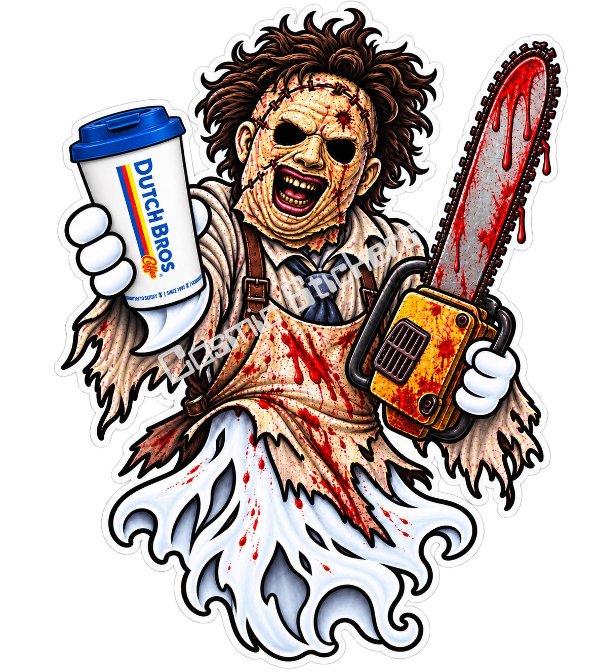 Fan-made masked chainsaw butcher ghost with hot coffee sticker artwork by Cosmic Stickers