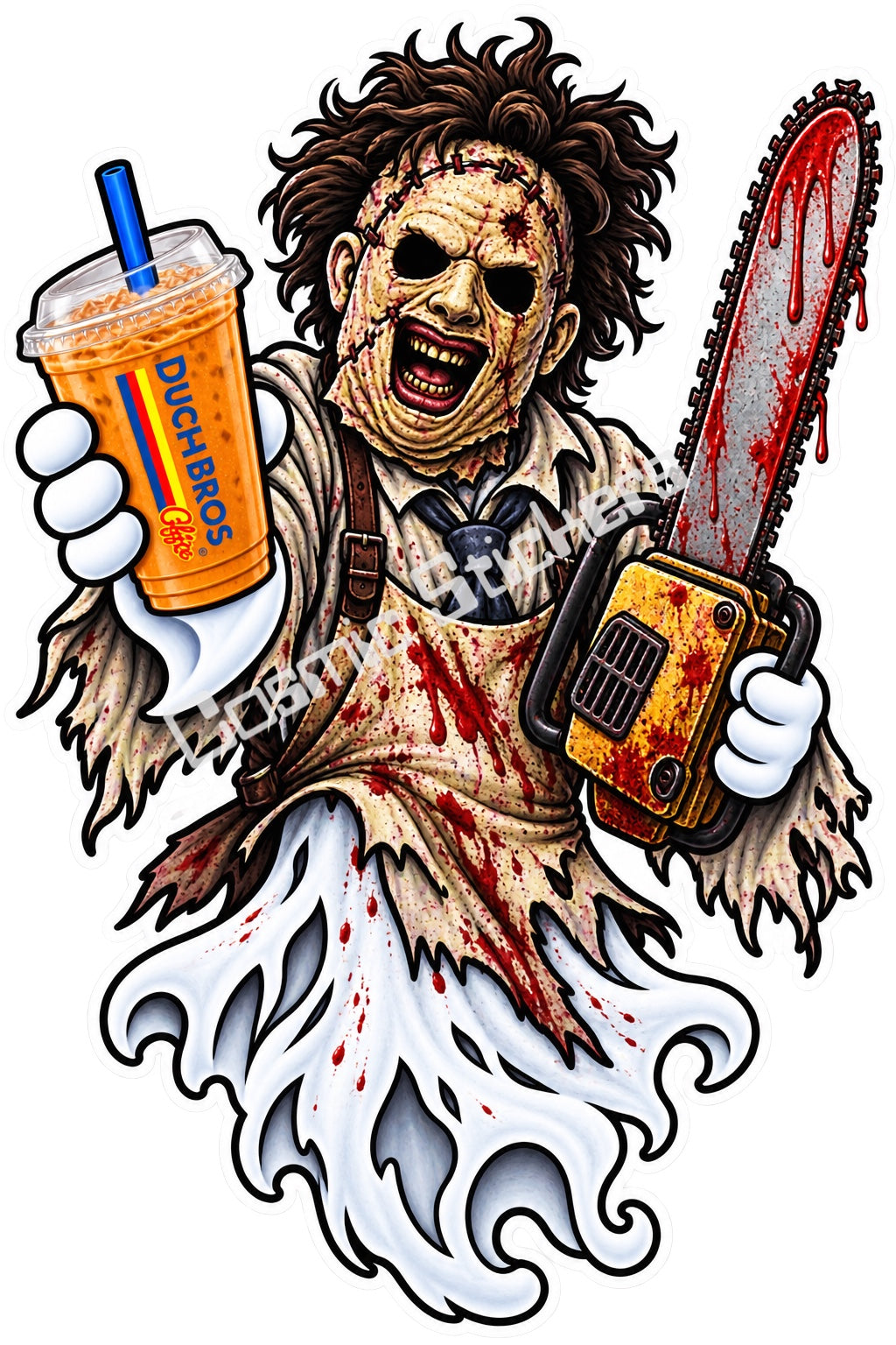 Fan-made masked chainsaw butcher ghost with iced coffee sticker artwork by Cosmic Stickers