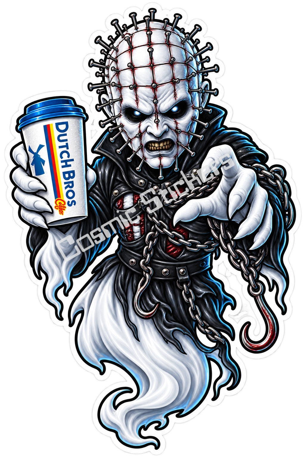 Fan-made pin-covered chain demon ghost with hot coffee sticker artwork by Cosmic Stickers