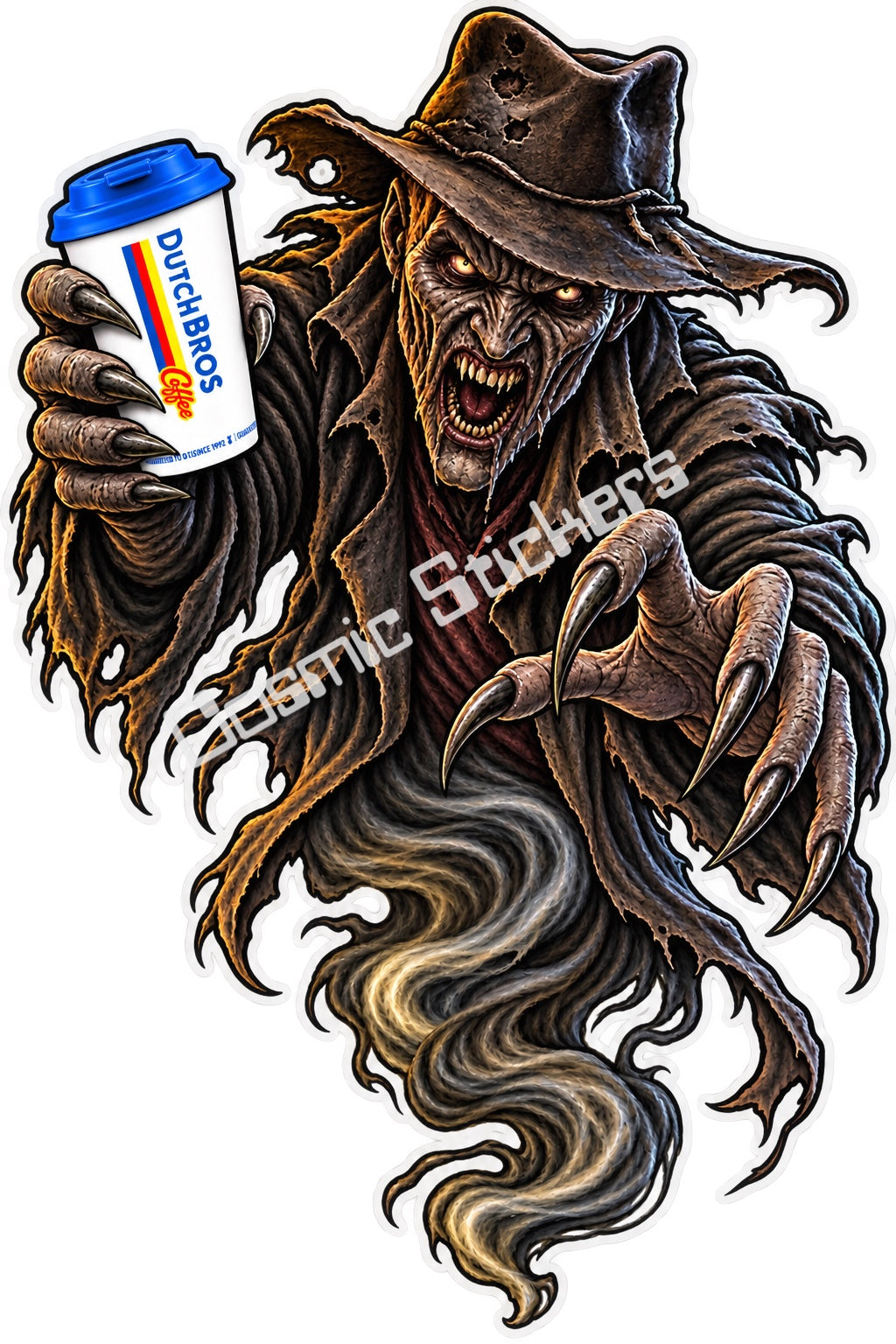 Fan-made ragged hat nightmare ghost with hot coffee sticker artwork by Cosmic Stickers