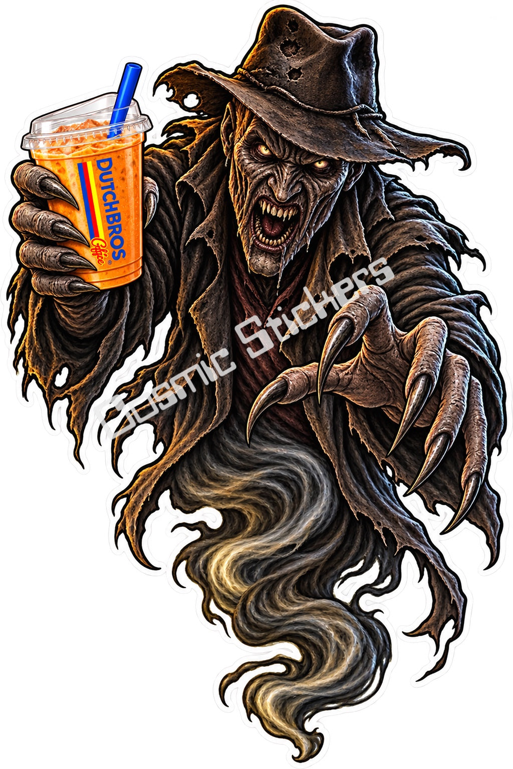Fan-made ragged hat nightmare ghost with iced coffee sticker artwork by Cosmic Stickers