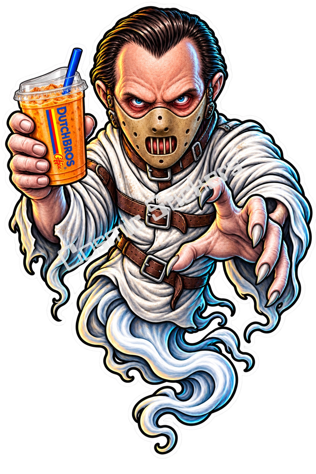 Fan-made restrained mask nightmare ghost with iced coffee sticker artwork by Cosmic Stickers