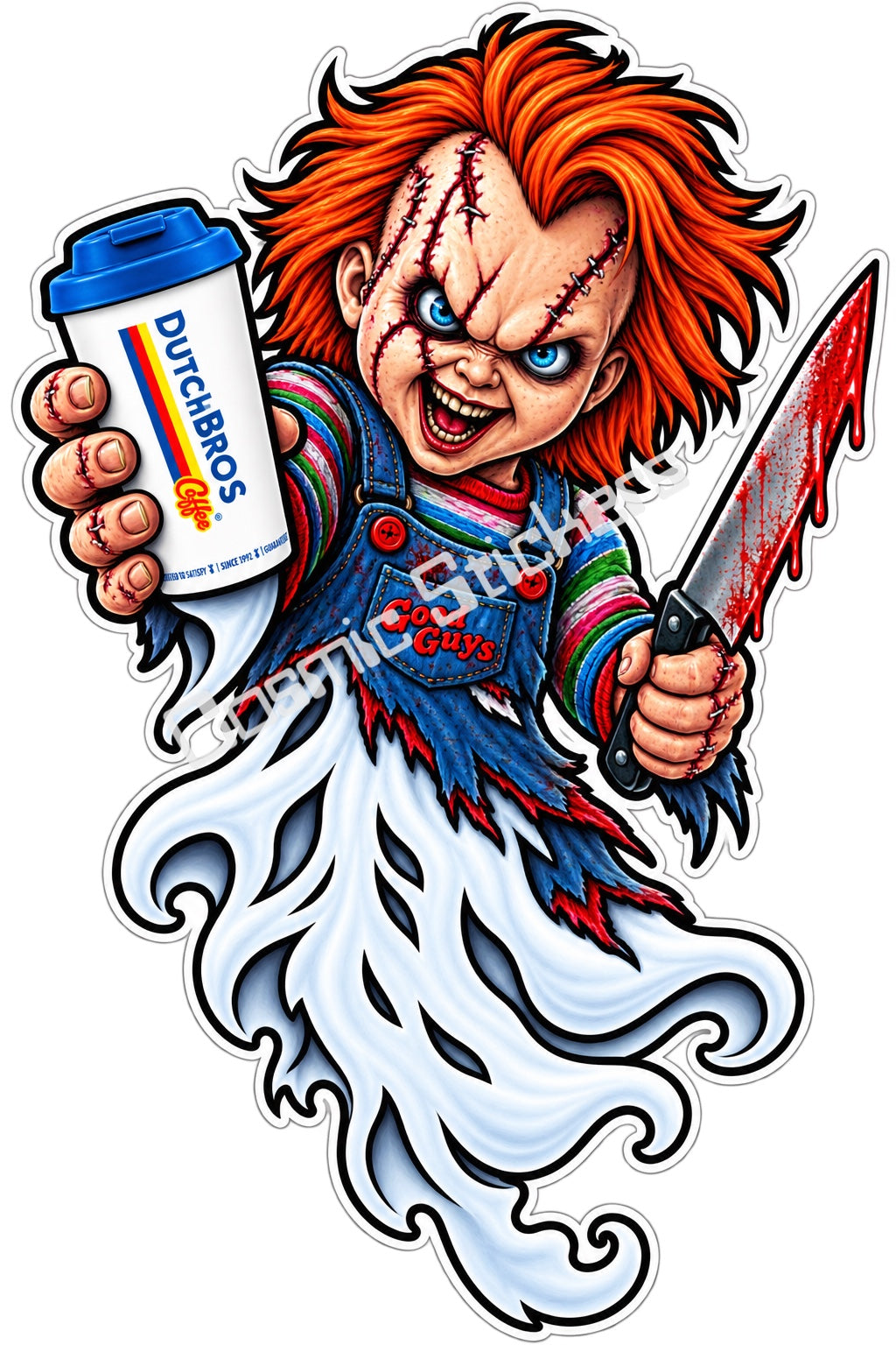 Fan-made scarred killer doll ghost with hot coffee sticker artwork by Cosmic Stickers