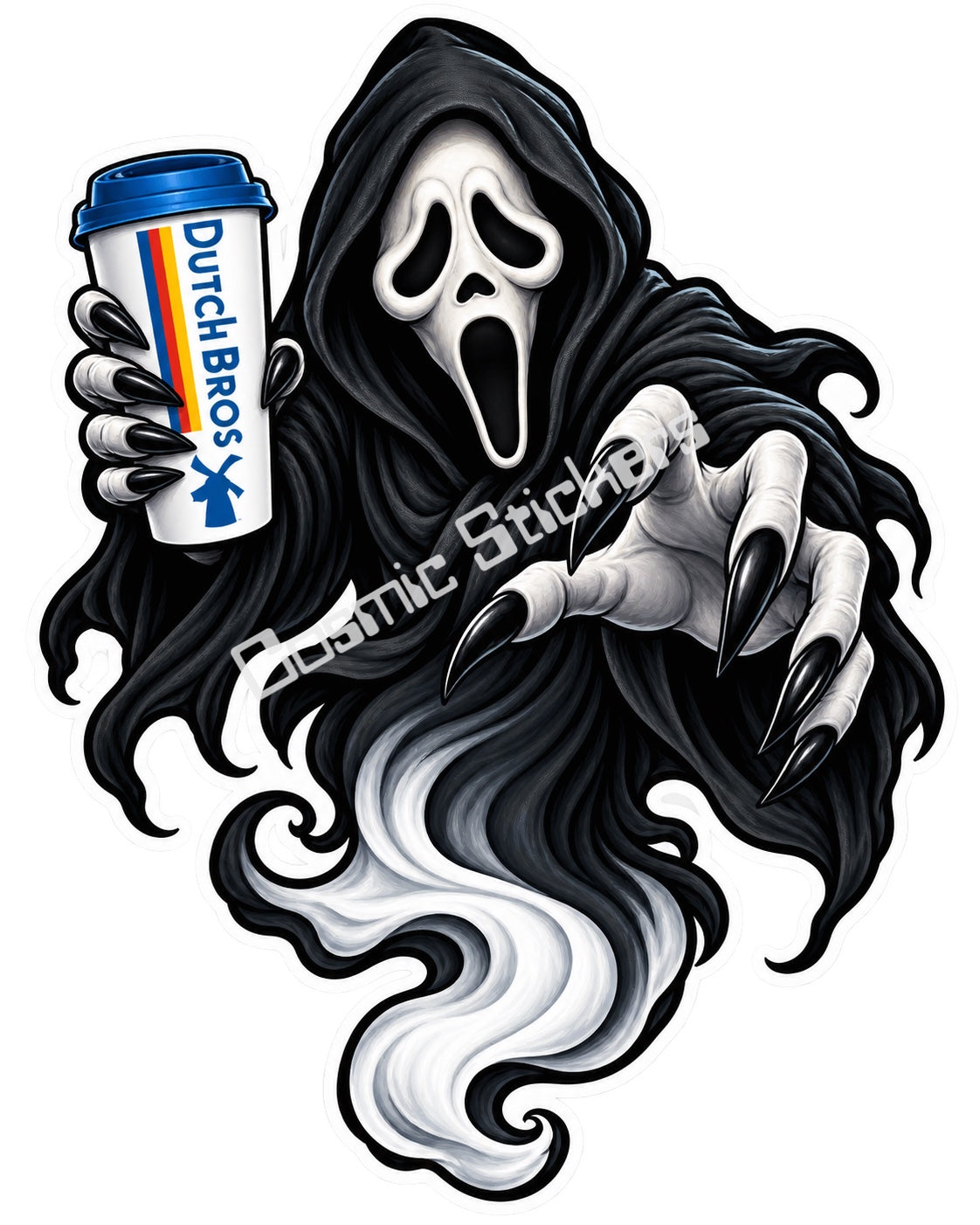 Fan-made screaming hooded ghost with hot coffee sticker artwork by Cosmic Stickers