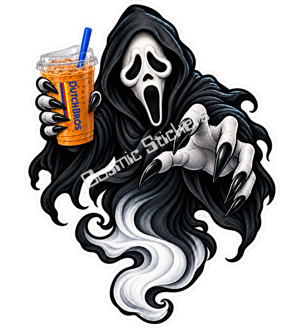 Fan-made screaming hooded ghost with iced coffee sticker artwork by Cosmic Stickers