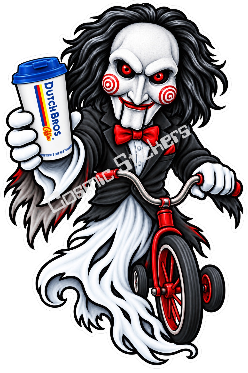 Fan-made tricycle puppet ghost with hot coffee sticker artwork by Cosmic Stickers