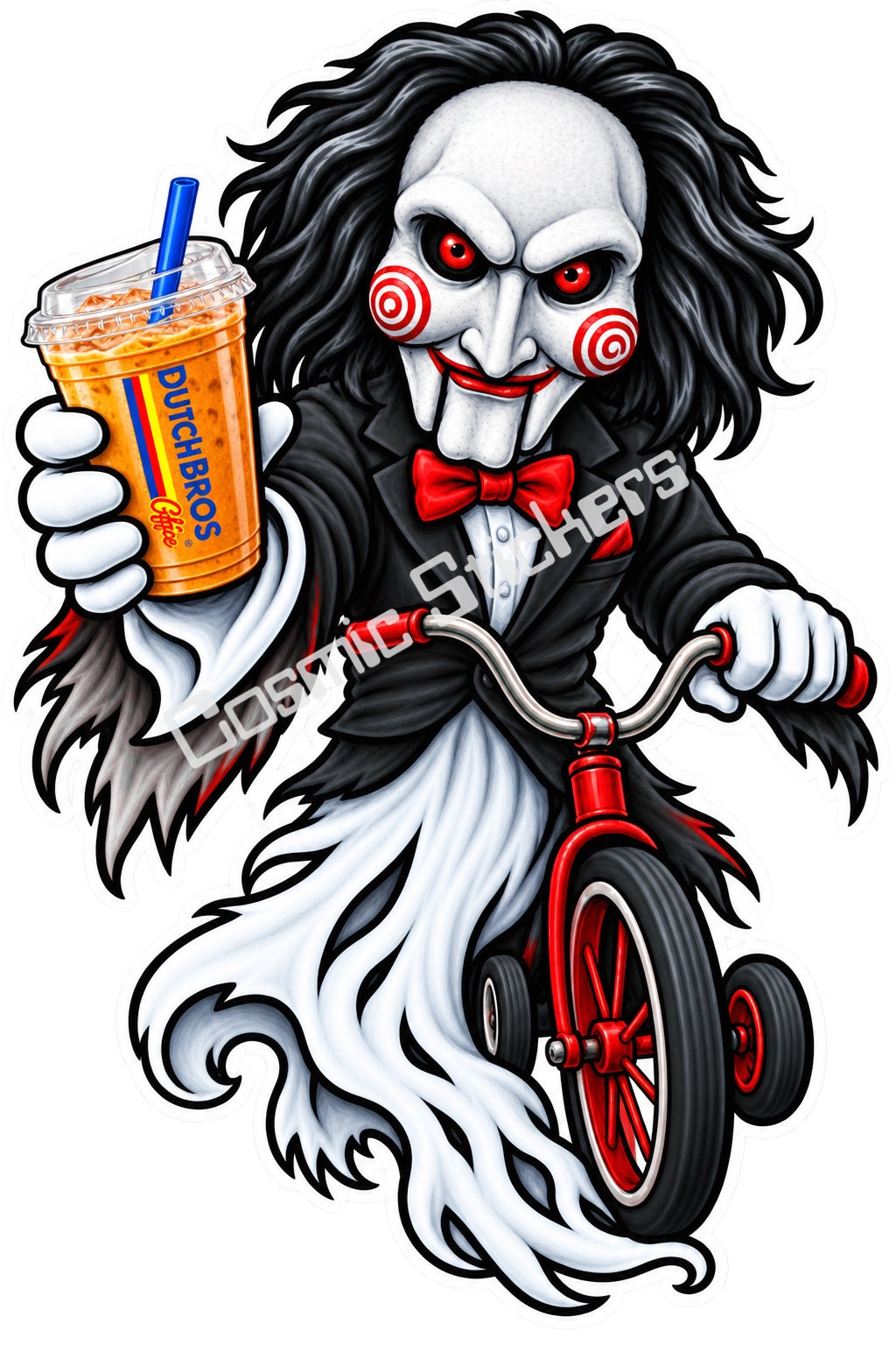 Fan-made tricycle puppet ghost with iced coffee sticker artwork by Cosmic Stickers