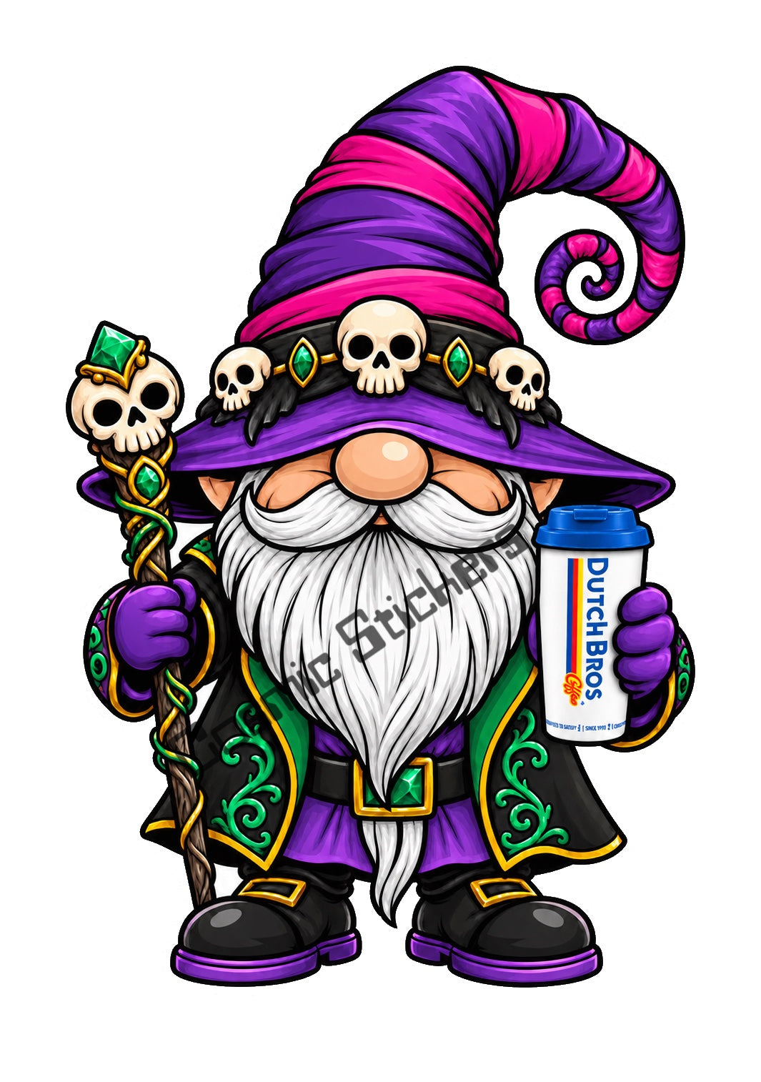 Fan Made Dutch Bros Skull Wizard Coffee Gnome Sticker watermarked