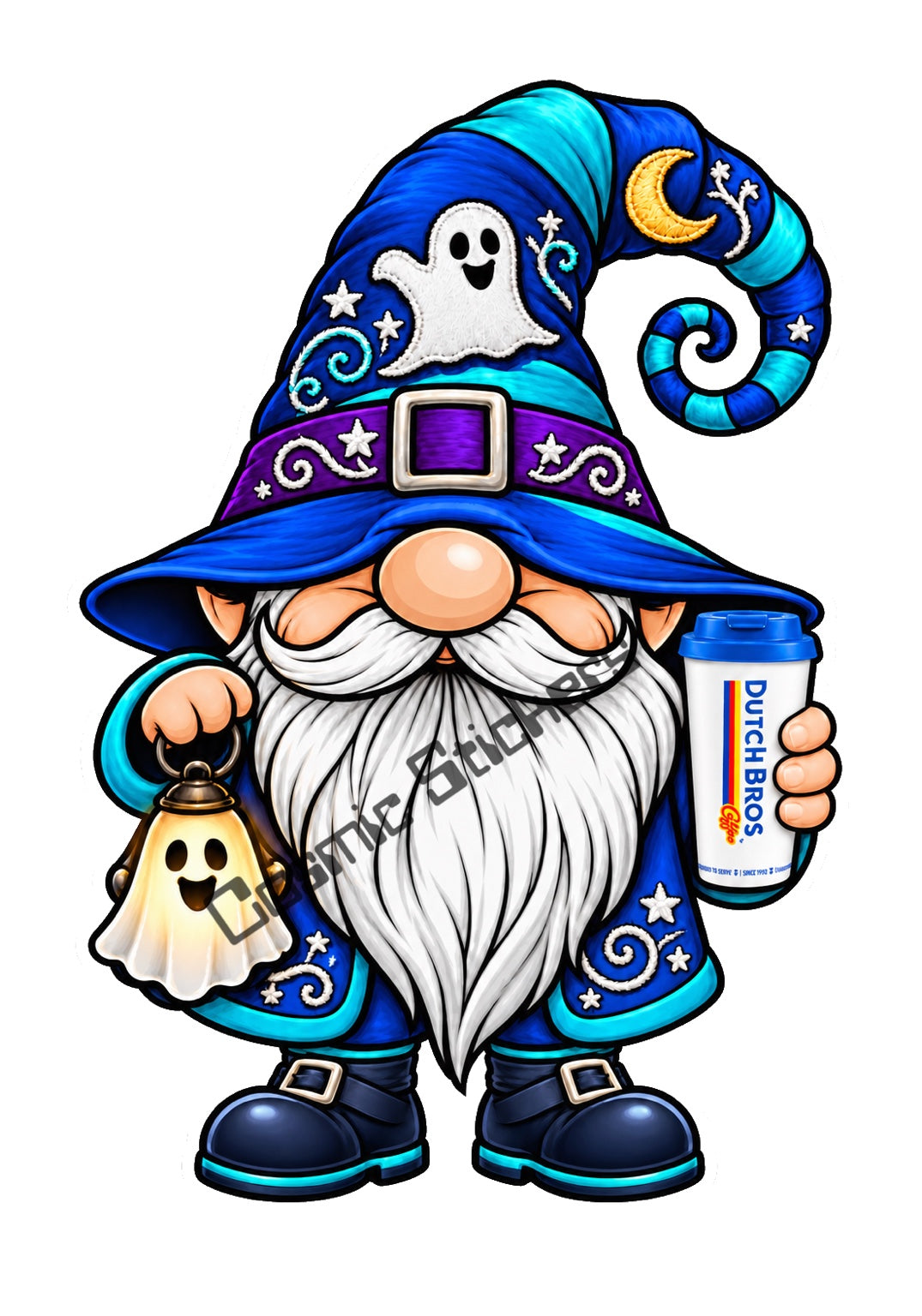 Fan Made Dutch Bros Ghost Lantern Coffee Gnome Sticker watermarked