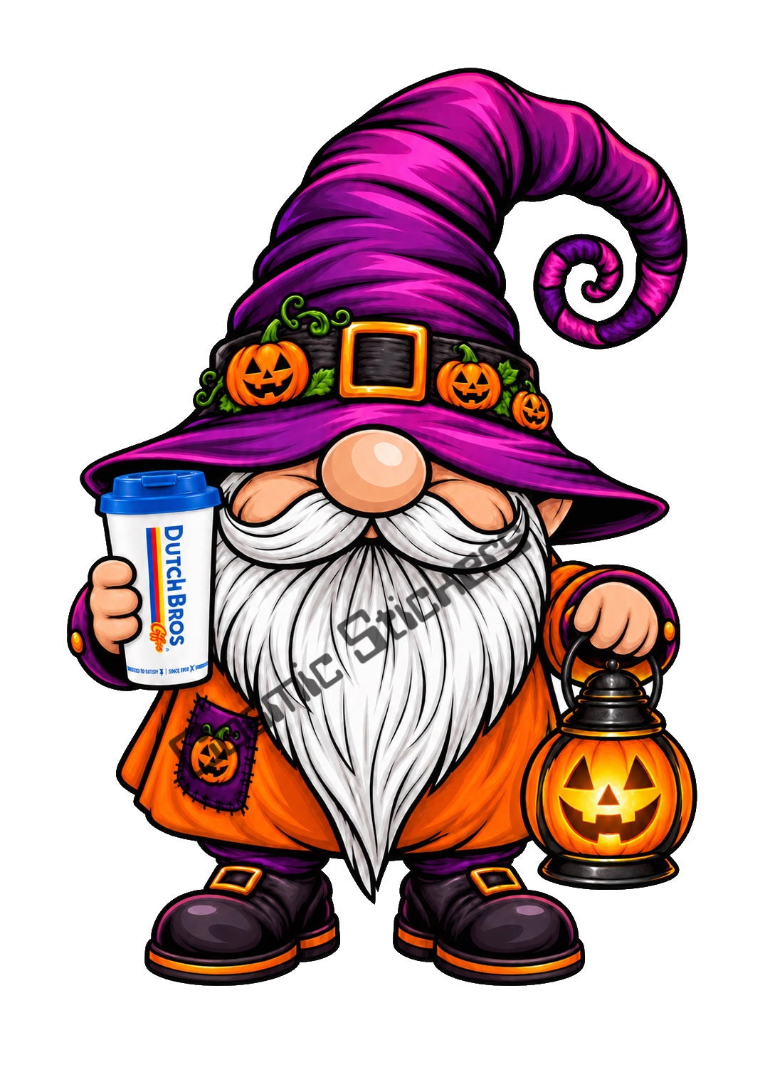 Fan Made Dutch Bros Pumpkin Lantern Coffee Gnome Sticker watermarked