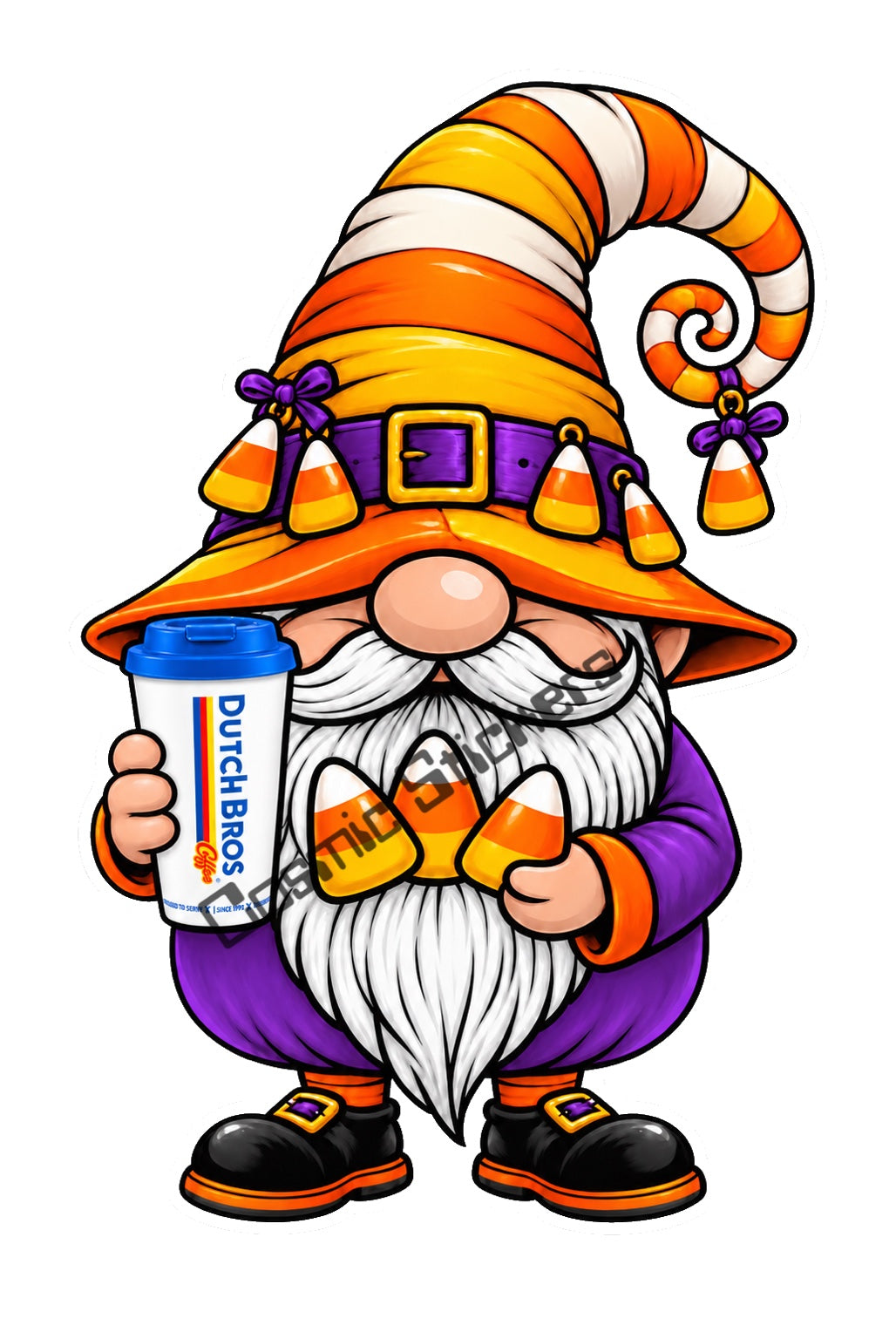 Fan Made Dutch Bros Candy Corn Coffee Gnome Sticker watermarked