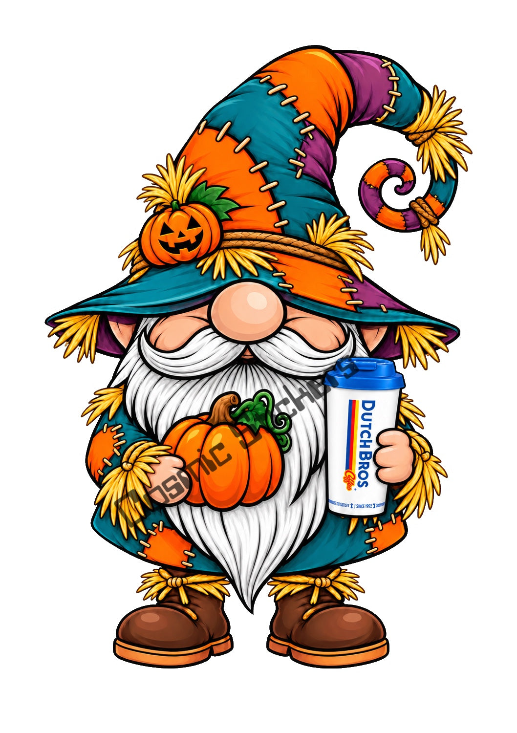 Fan Made Dutch Bros Patchwork Scarecrow Coffee Gnome Sticker watermarked