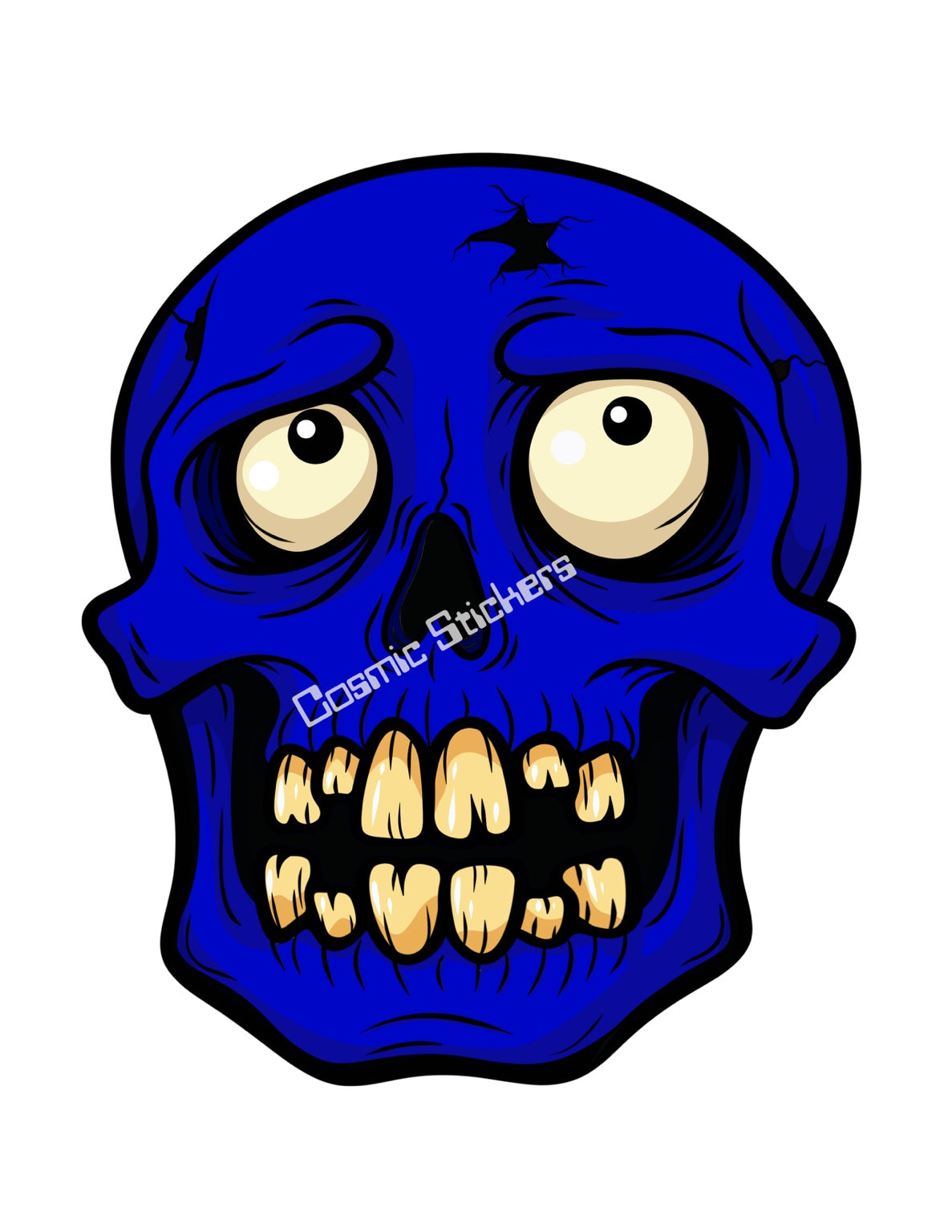 Blue cartoon skull with oversized eyes, gold tone teeth and cracked forehead, Cosmic Stickers watermark