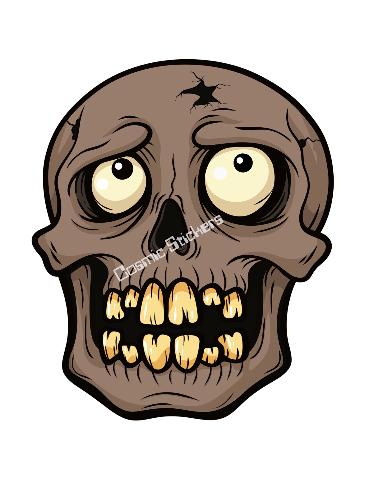 Brown cartoon skull with oversized eyes, gold tone teeth and cracked forehead, Cosmic Stickers watermark