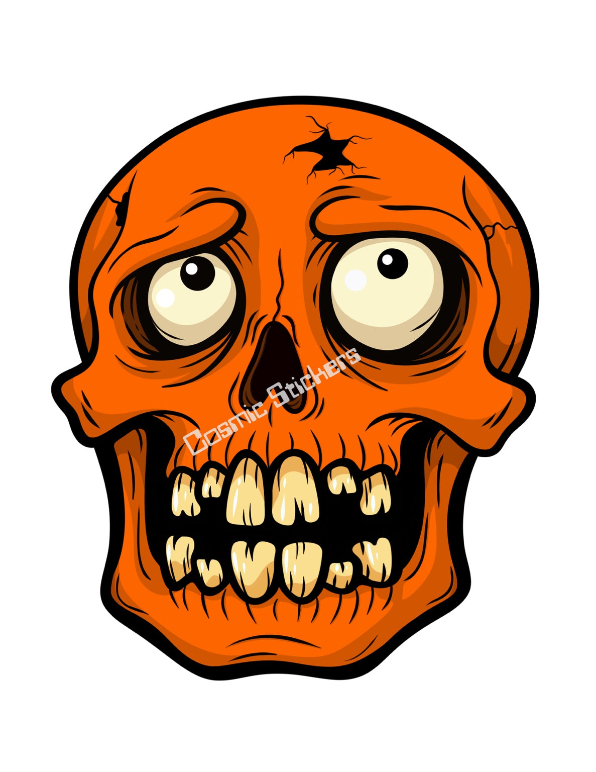 Orange cartoon skull with oversized eyes, gold tone teeth and cracked forehead, Cosmic Stickers watermark