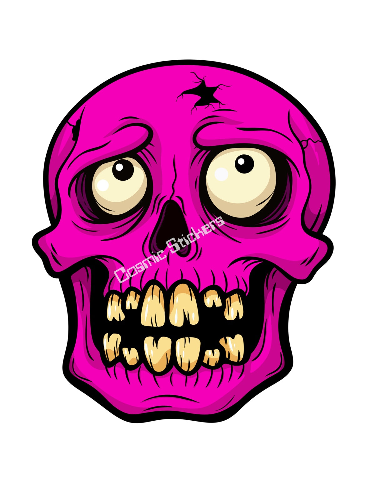 Pink cartoon skull with oversized eyes, gold tone teeth and cracked forehead, Cosmic Stickers watermark