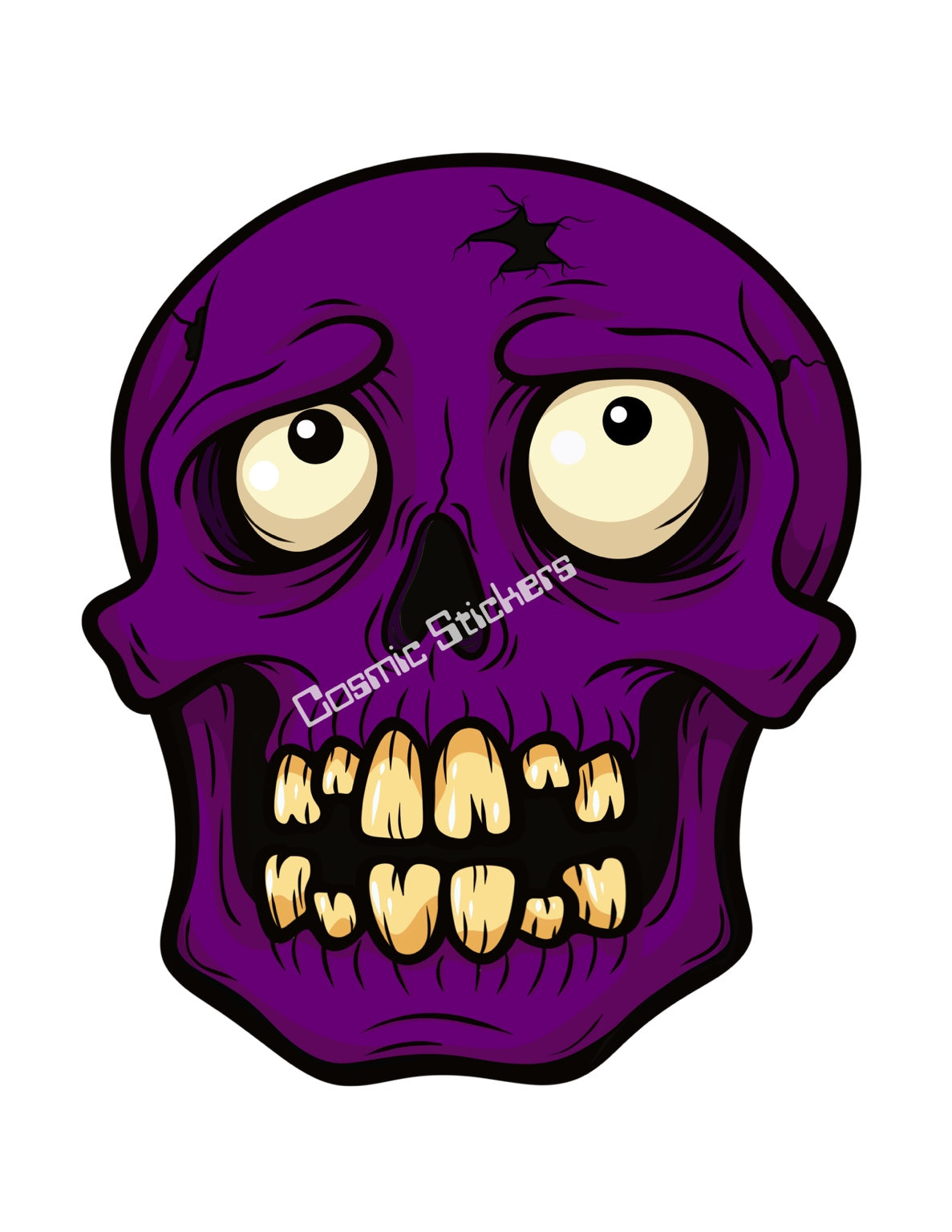 Purple cartoon skull with oversized eyes, gold tone teeth and cracked forehead, Cosmic Stickers watermark