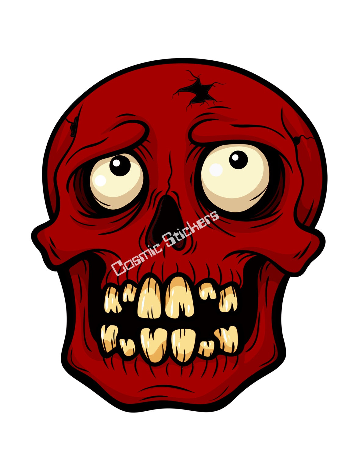Red cartoon skull with oversized eyes, gold tone teeth and cracked forehead, Cosmic Stickers watermark