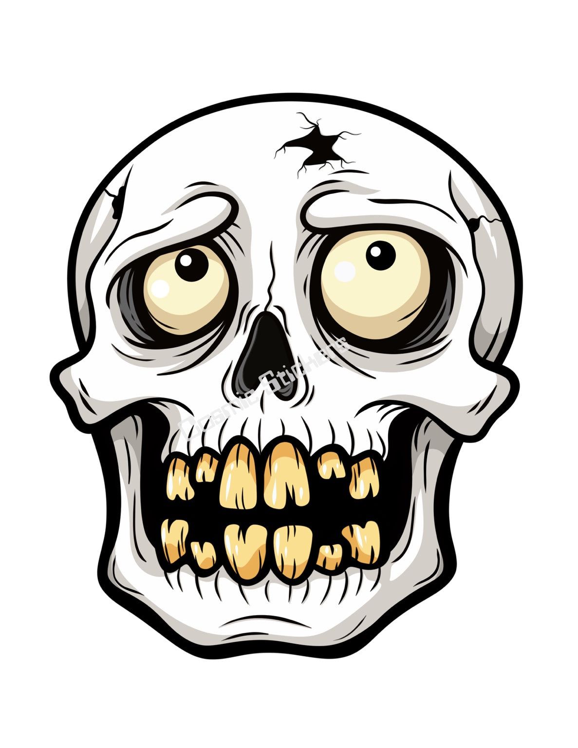 White cartoon skull with oversized eyes, gold tone teeth and cracked forehead, Cosmic Stickers watermark