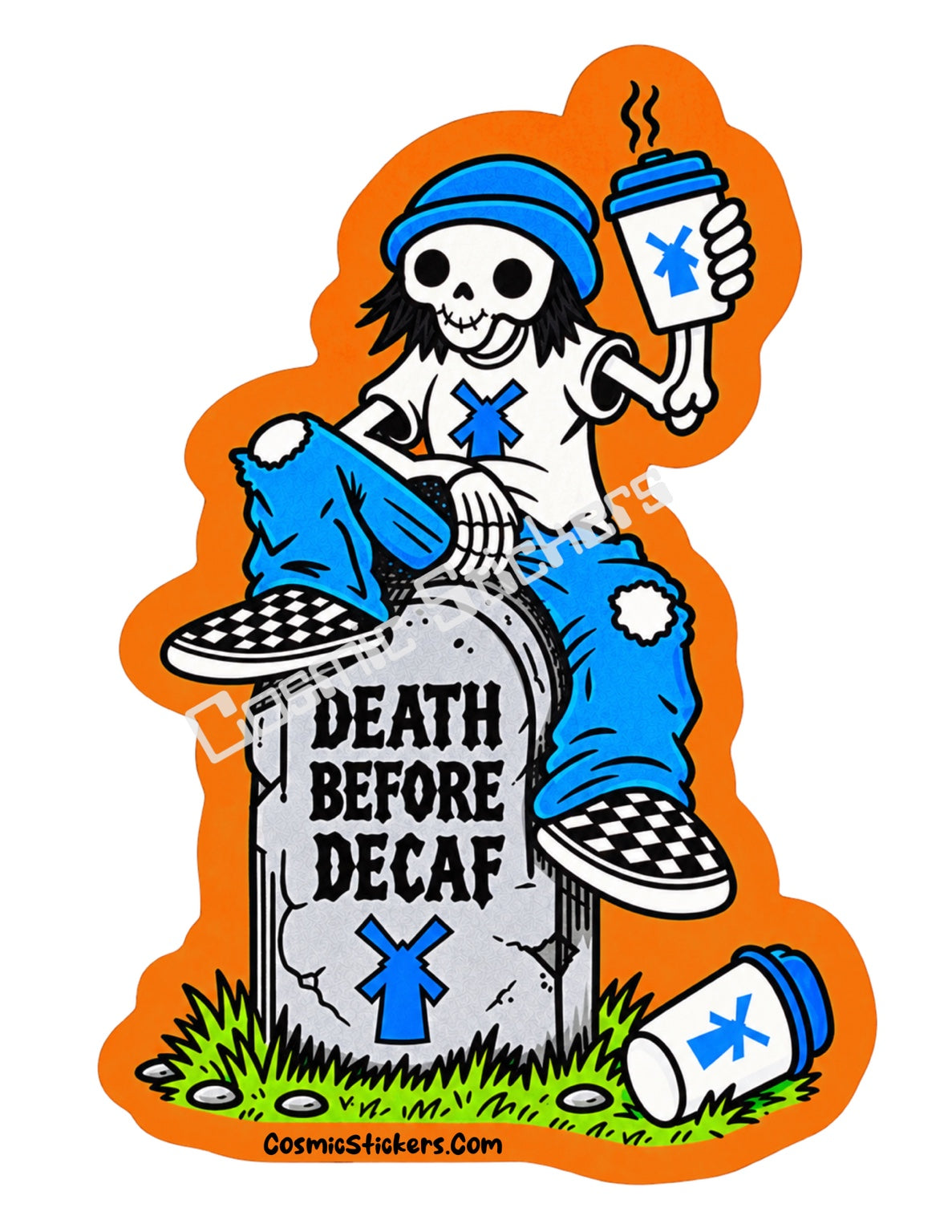 Death Before Decaf skeleton coffee sticker with orange border