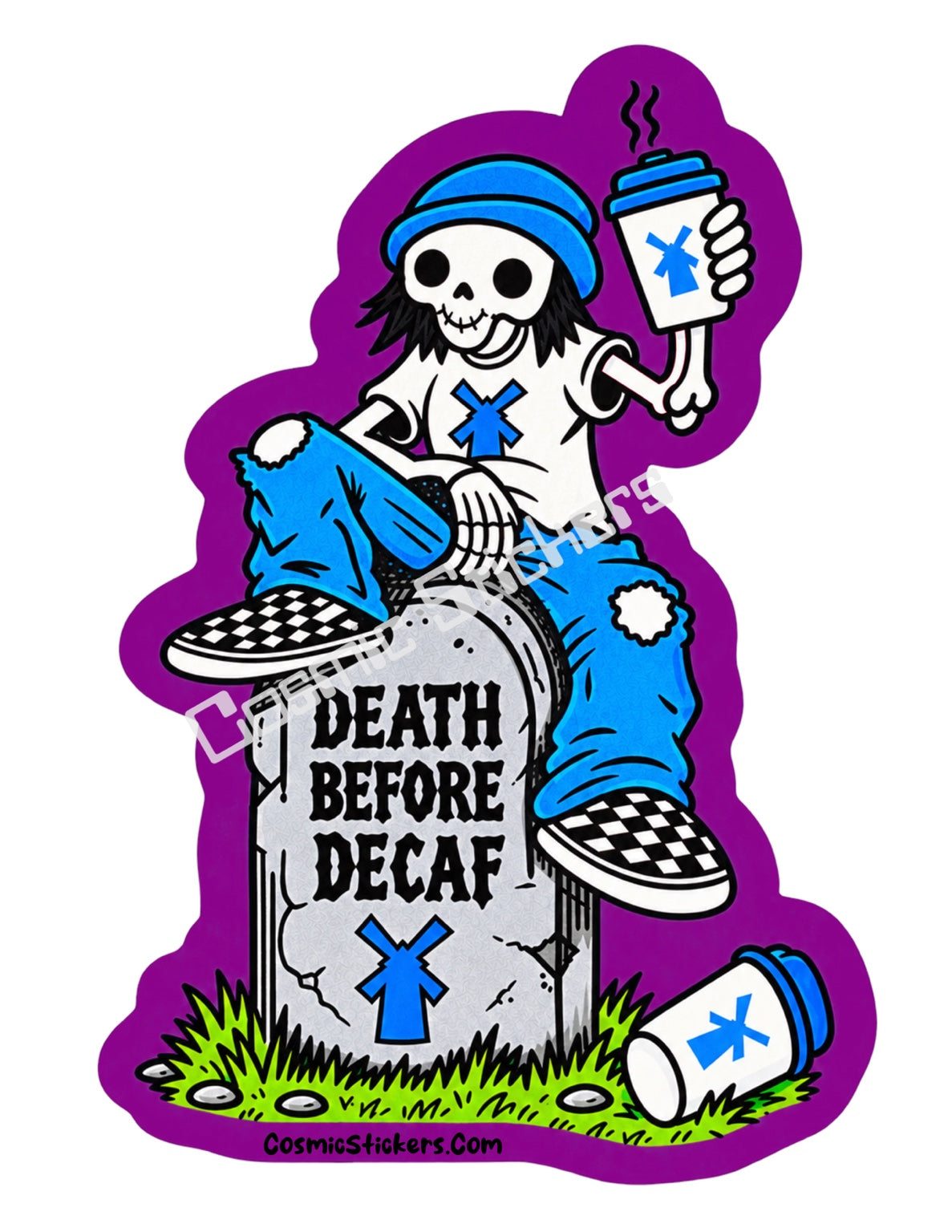 Death Before Decaf skeleton coffee sticker with purple border