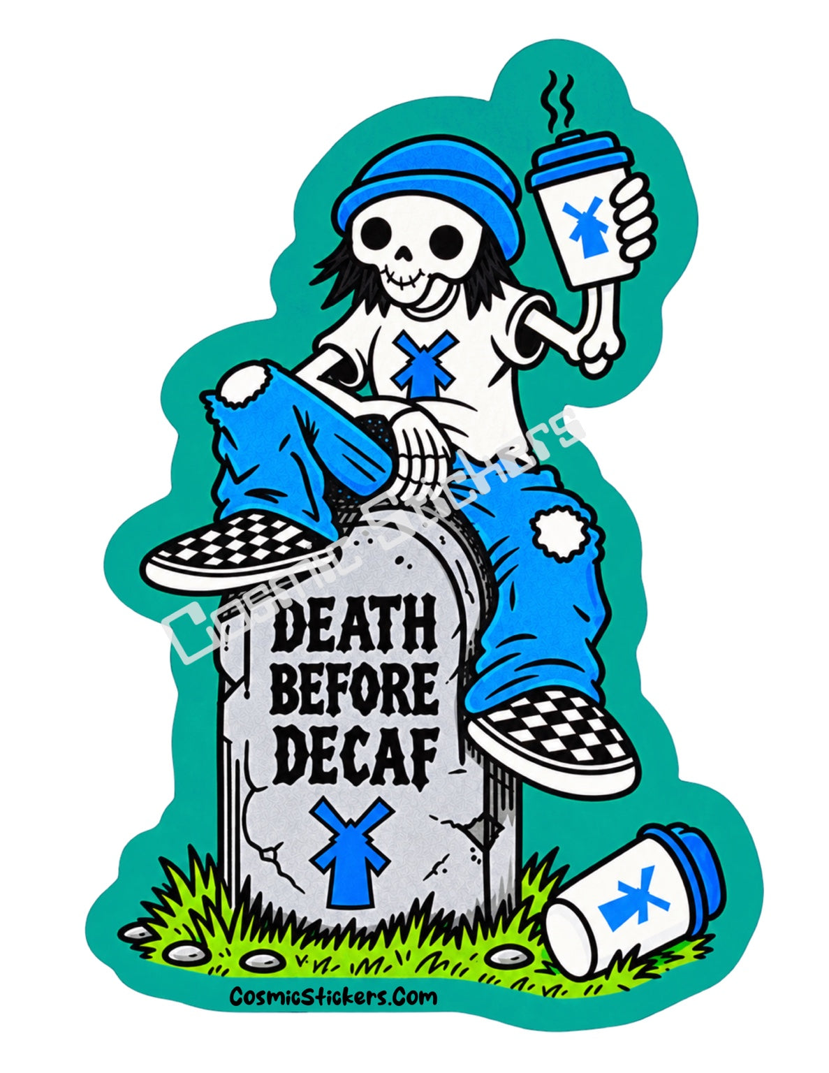 Death Before Decaf skeleton coffee sticker with teal border