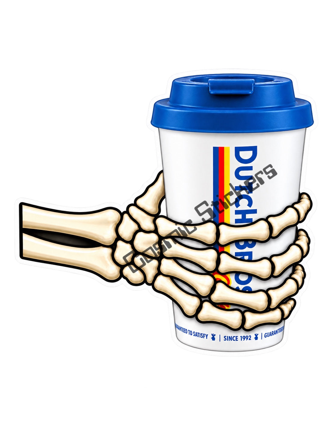 Skeleton hand gripping a Dutch Bros hot coffee cup with a blue lid