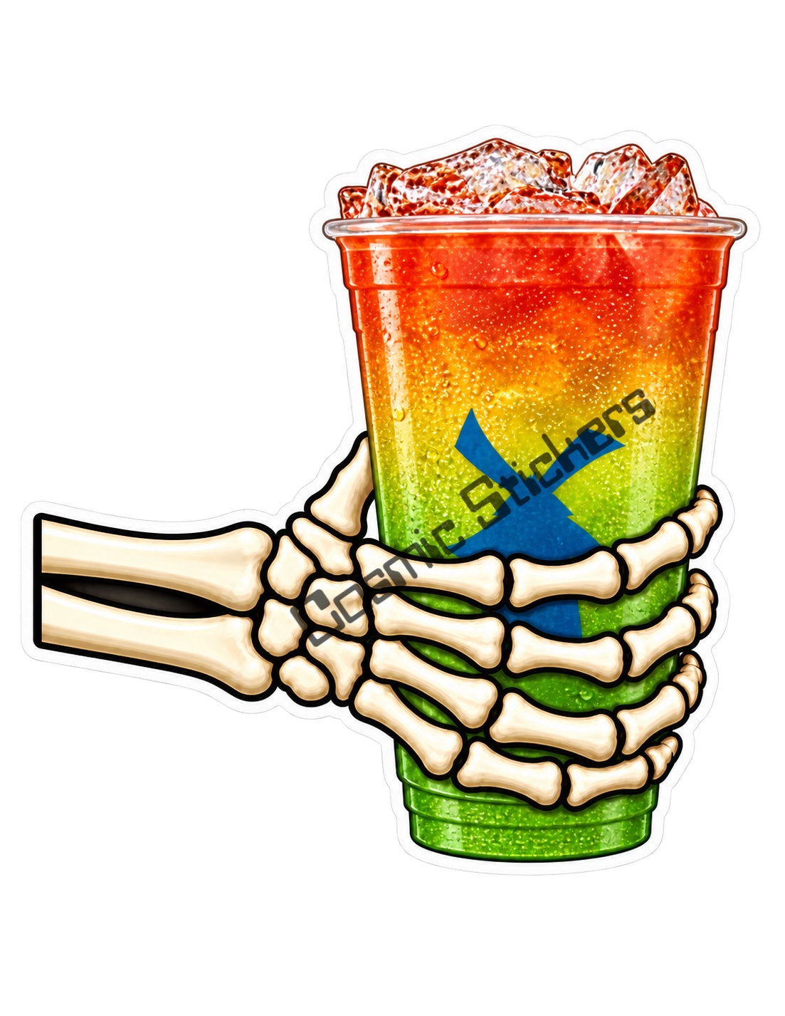 Skeleton hand gripping a colorful Dutch Bros iced drink with a blue windmill logo