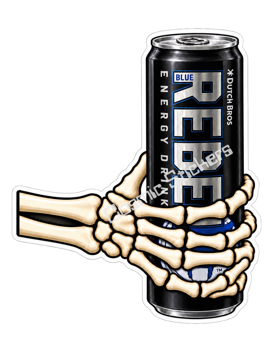 Skeleton hand gripping a black Dutch Bros Blue Rebel energy drink can