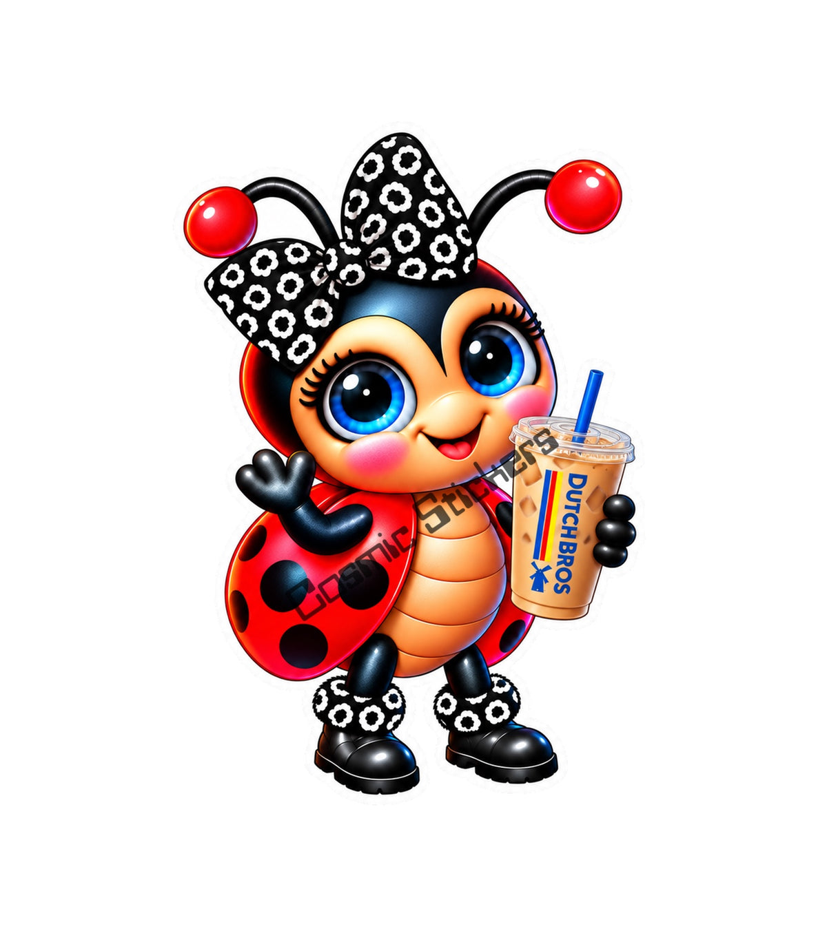 Fan-Made Dutch Bros Coffee Ladybug Sticker | Black and White Leopard Bow | Iced Coffee