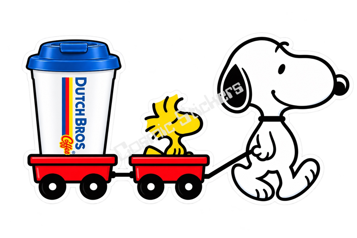 Snoopy and Woodstock Hot Coffee Wagon Train sticker with Cosmic Stickers watermark