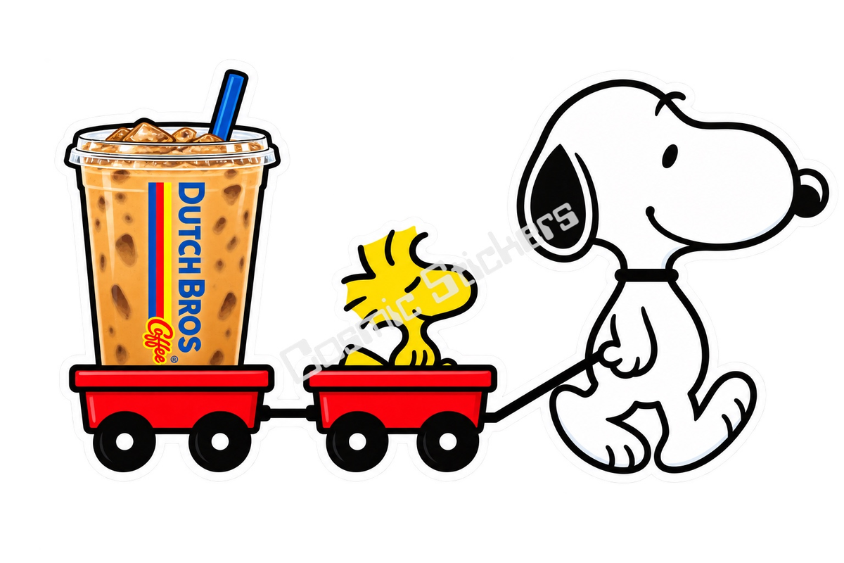 Snoopy and Woodstock Iced Coffee Wagon Train sticker with Cosmic Stickers watermark