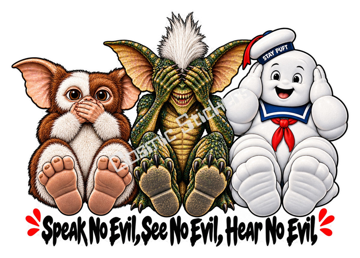 Fan Made Gizmo Stripe and Stay Puft No Evil Sticker with Cosmic Stickers watermark