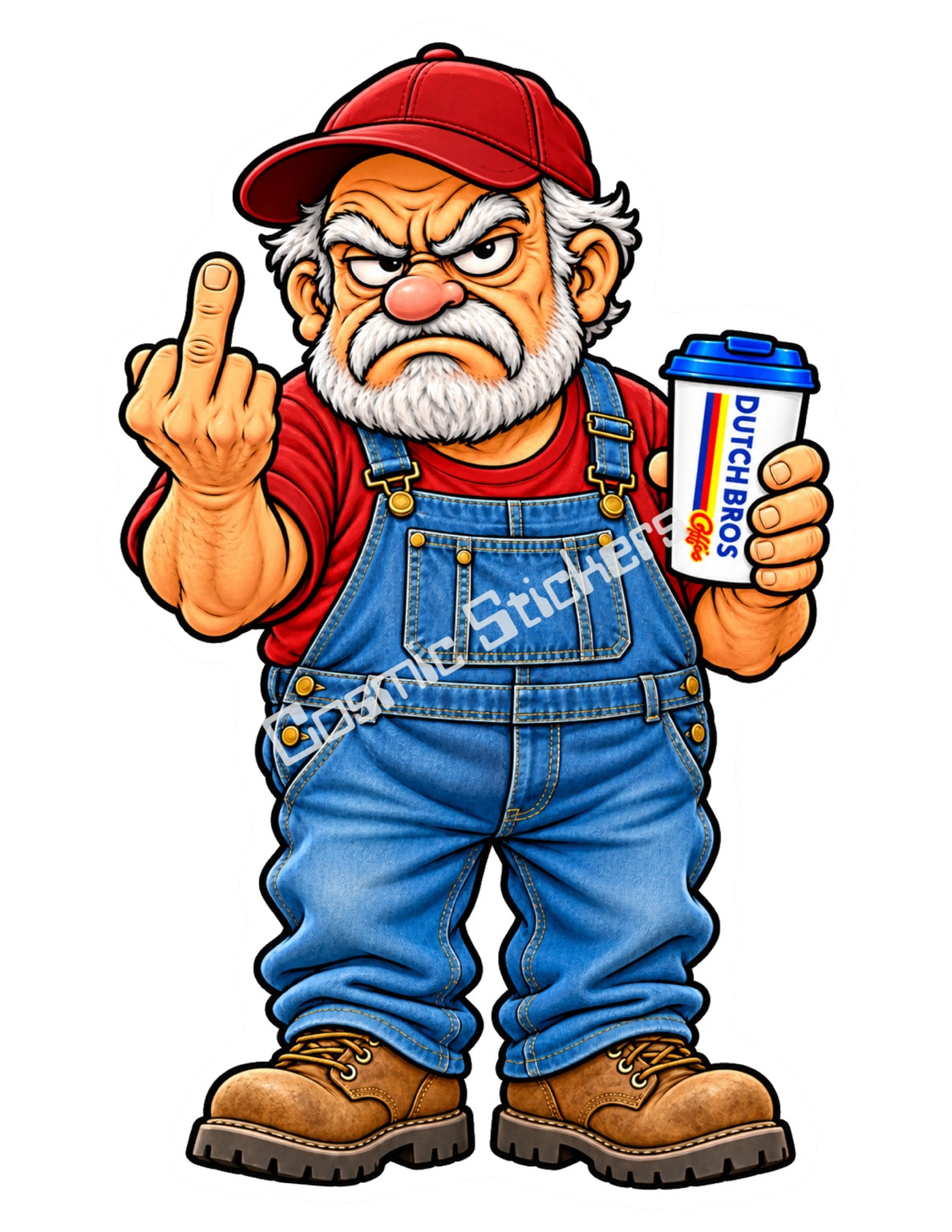 Overall Outburst Grandpa holding a Dutch Bros hot coffee and raising a middle finger, with the Cosmic Stickers watermark.