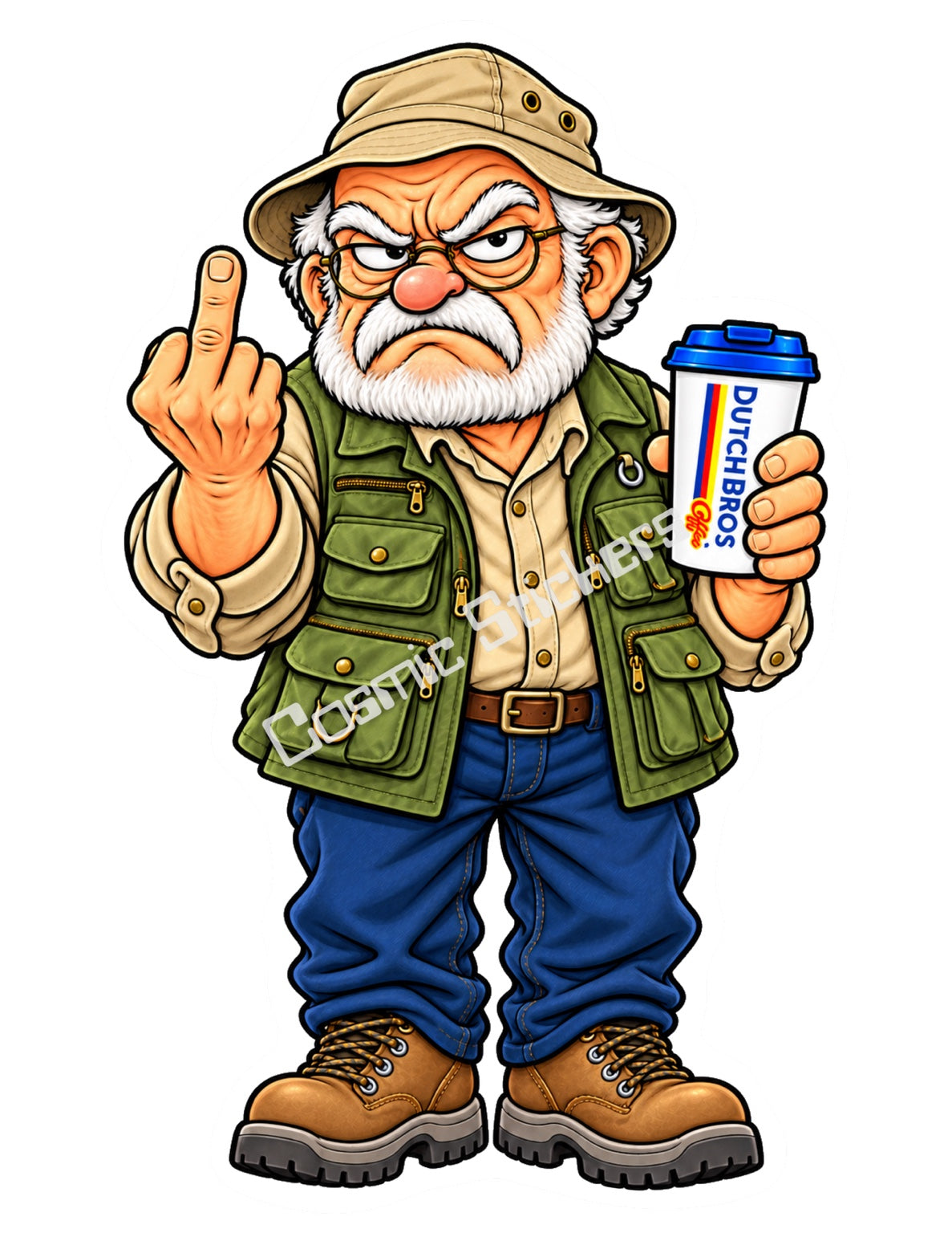 Fishing Frown Grandpa holding a Dutch Bros hot coffee and raising a middle finger, with the Cosmic Stickers watermark.