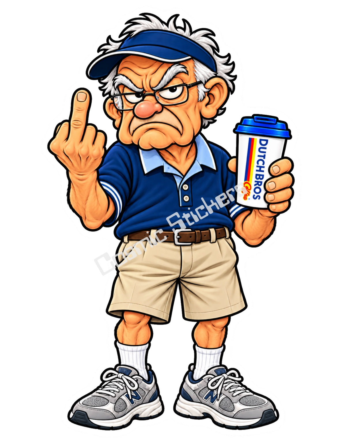 Polo Scowl Grandpa holding a Dutch Bros hot coffee and raising a middle finger, with the Cosmic Stickers watermark.