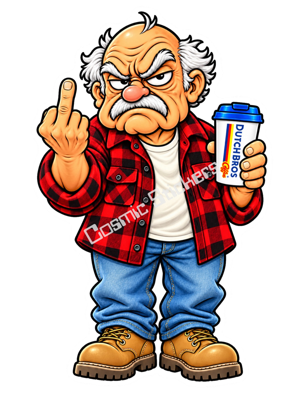 Flannel Grump Grandpa holding a Dutch Bros hot coffee and raising a middle finger, with the Cosmic Stickers watermark.