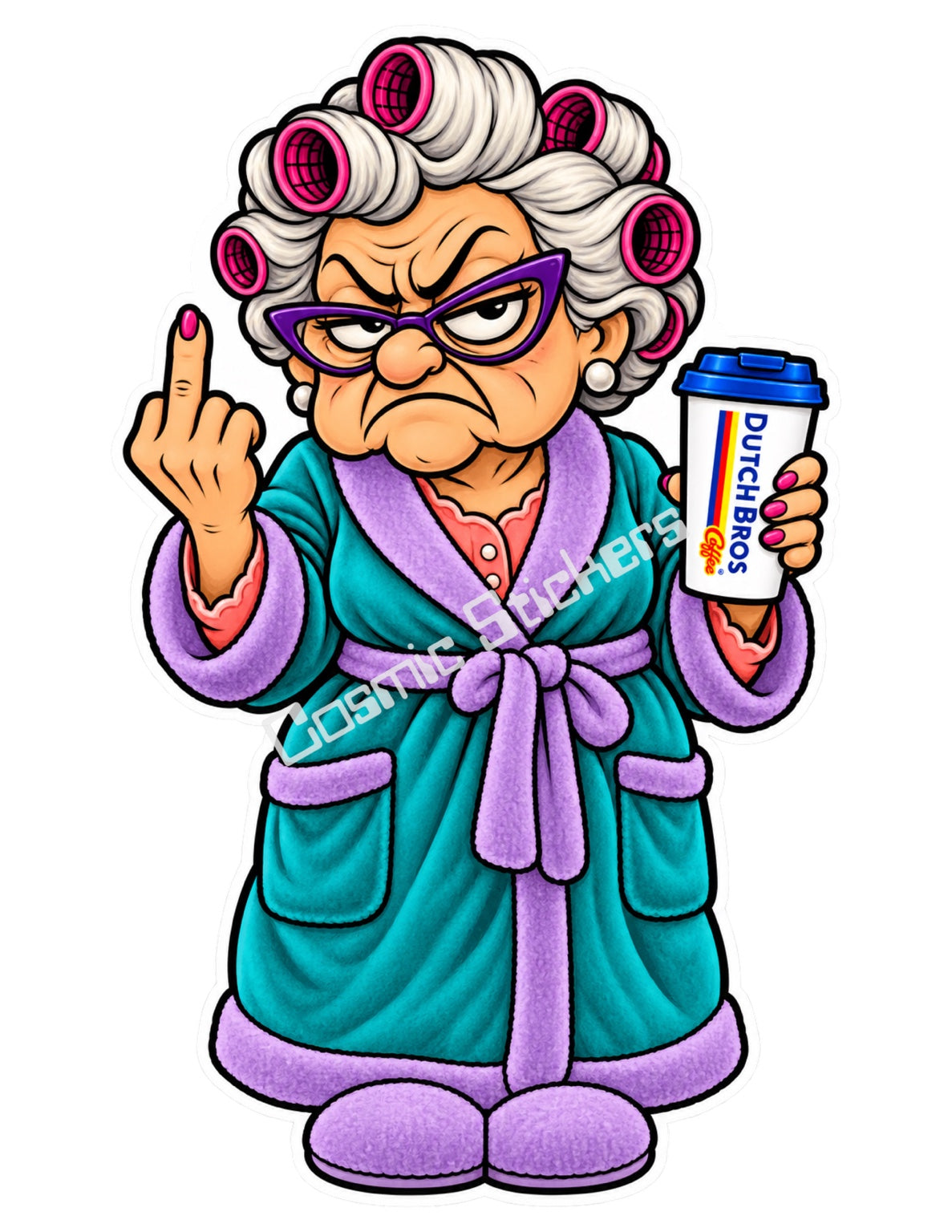 Roller Robe Grump Grandma holding a Dutch Bros hot coffee and raising a middle finger, with the Cosmic Stickers watermark.