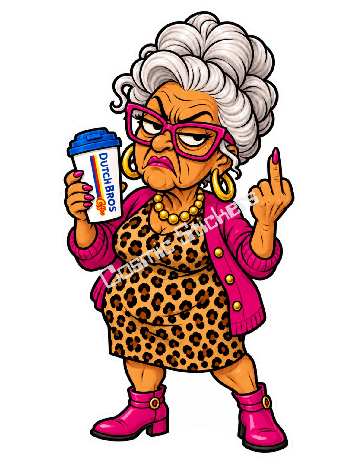 Leopard Diva Grandma holding a Dutch Bros hot coffee and raising a middle finger, with the Cosmic Stickers watermark.