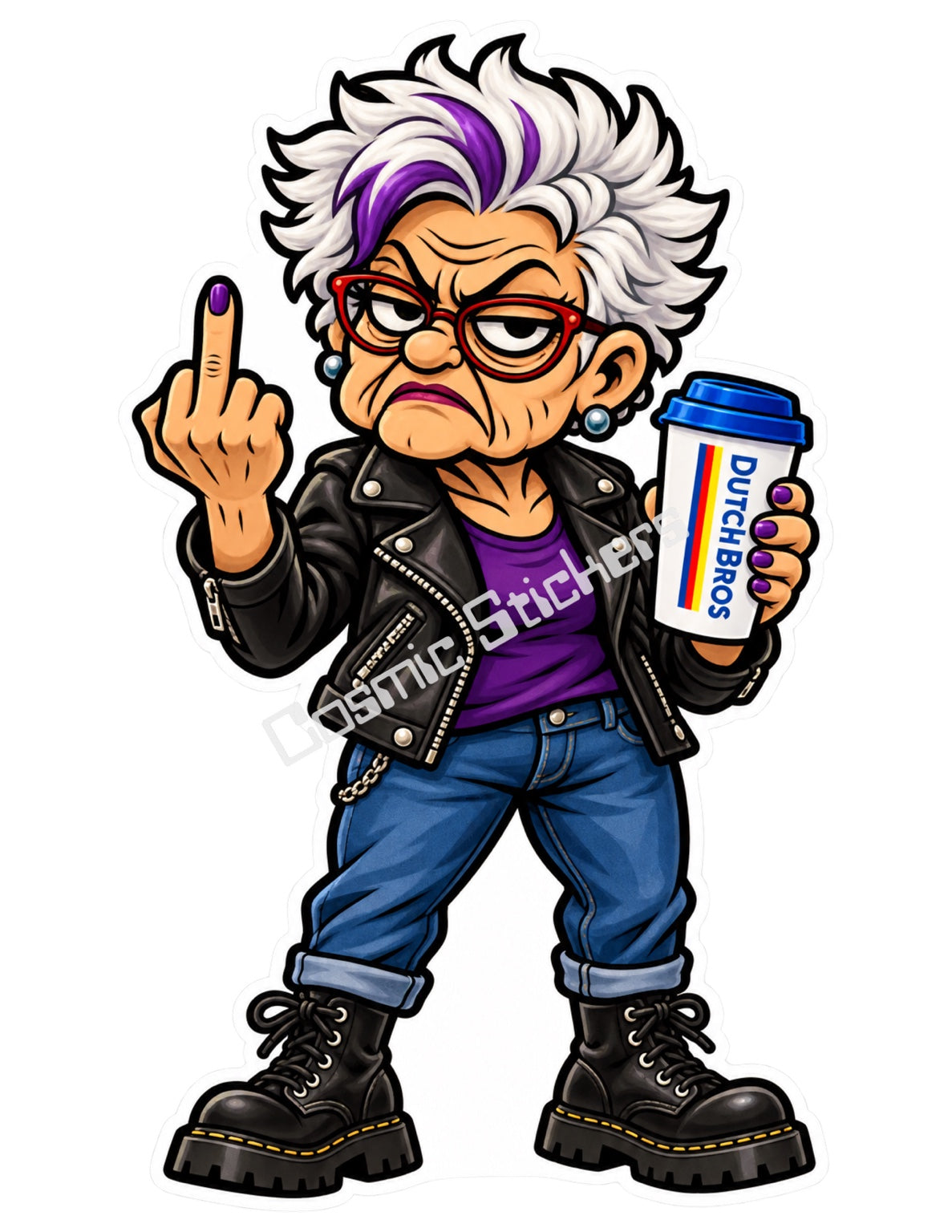 Punk Rock Scowl Grandma holding a Dutch Bros hot coffee and raising a middle finger, with the Cosmic Stickers watermark.