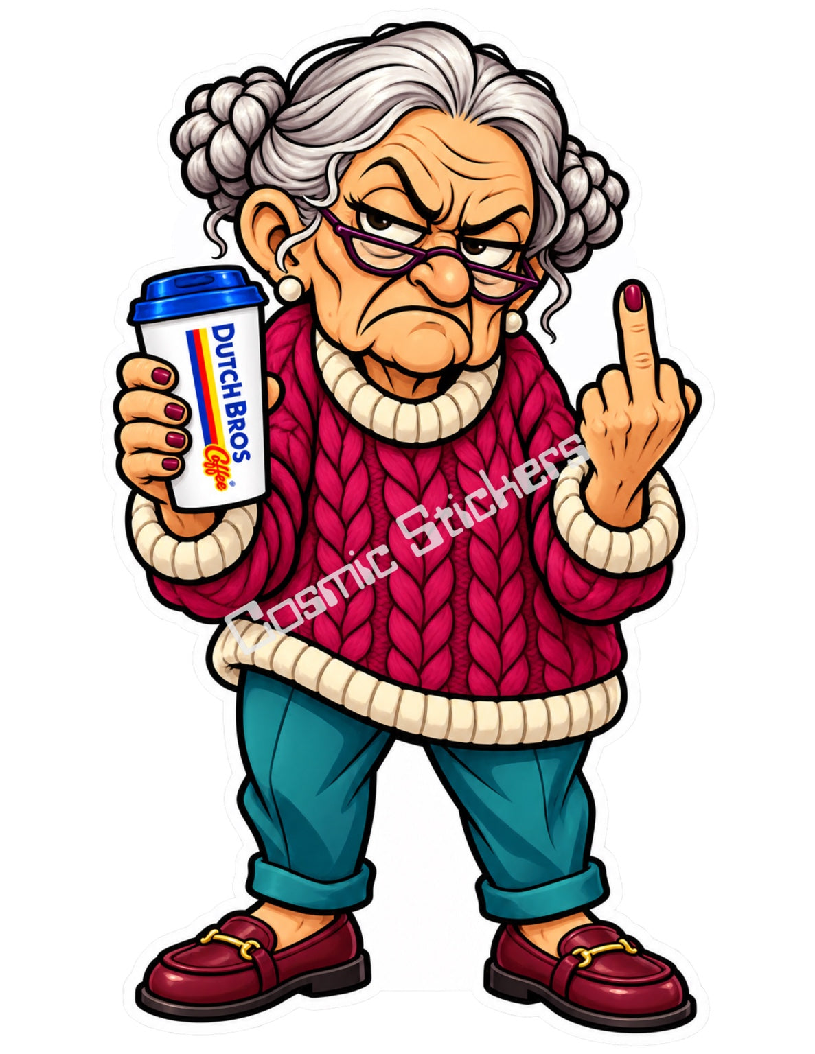 Cable Knit Crank Grandma holding a Dutch Bros hot coffee and raising a middle finger, with the Cosmic Stickers watermark.