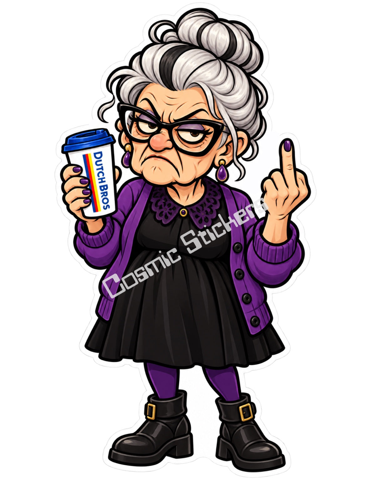 Gothic Grumble Grandma holding a Dutch Bros hot coffee and raising a middle finger, with the Cosmic Stickers watermark.