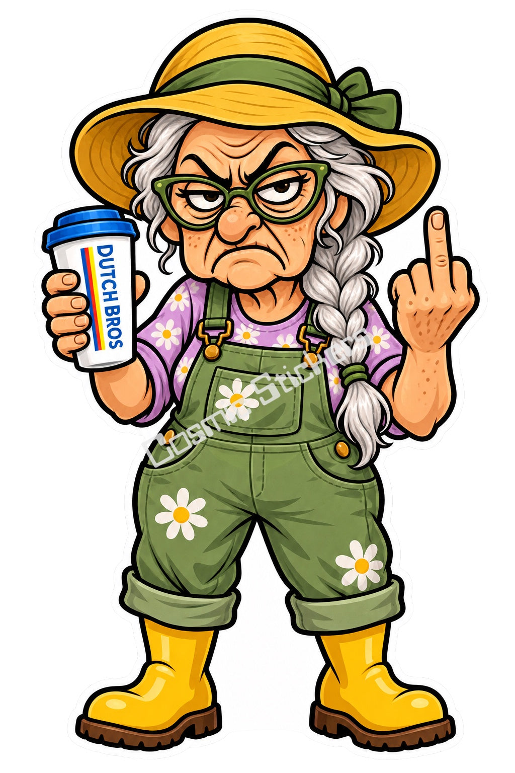 Garden Grouch Grandma holding a Dutch Bros hot coffee and raising a middle finger, with the Cosmic Stickers watermark.
