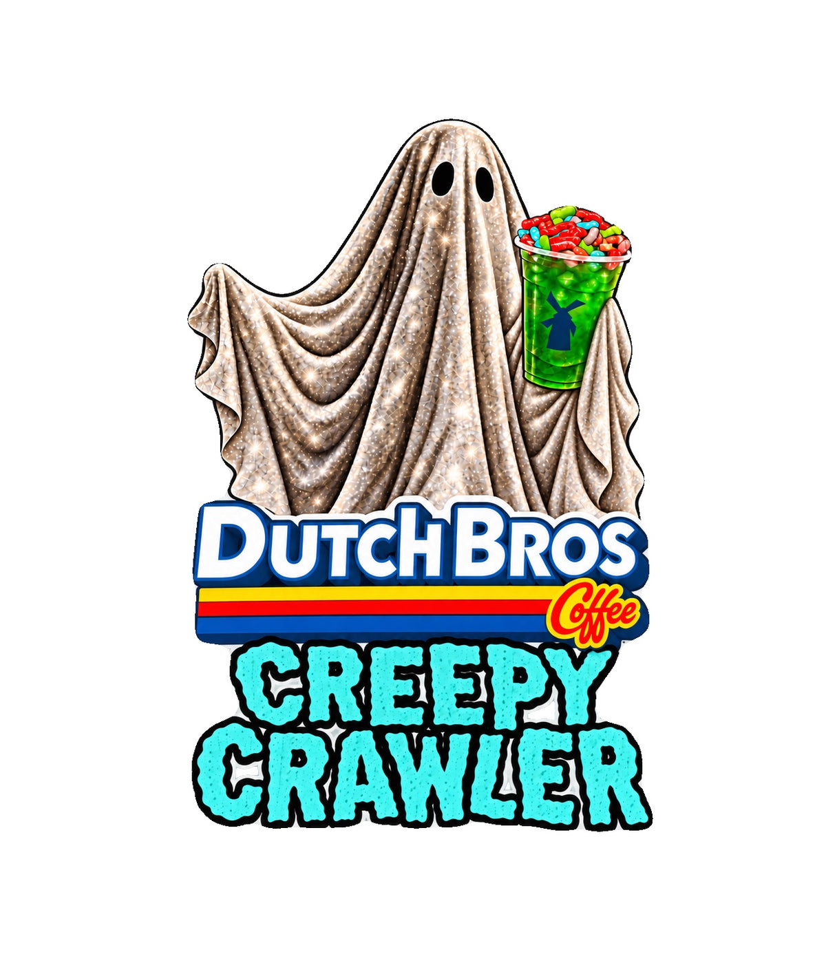 Fan Made Dutch Bros Creepy Crawler Glitter Ghost Sticker with a green gummy worm drink