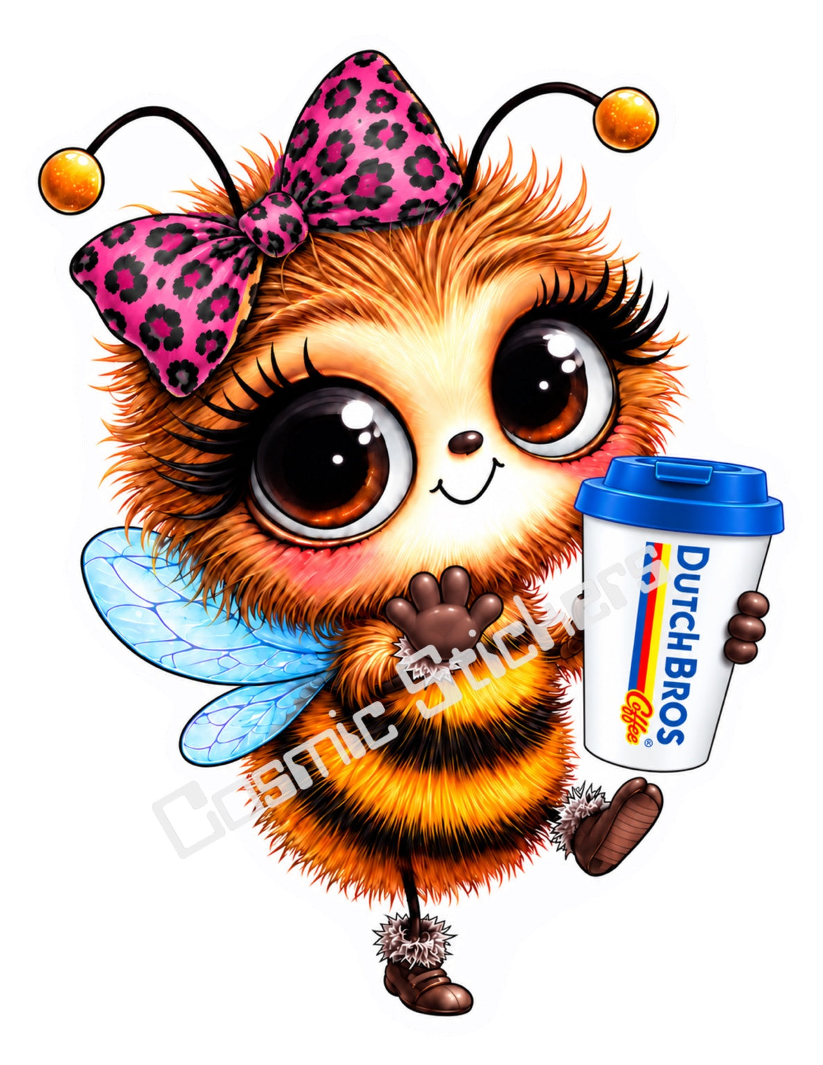 Cute orange and black bee with a pink leopard print bow, blue wings and a Dutch Bros hot coffee cup.