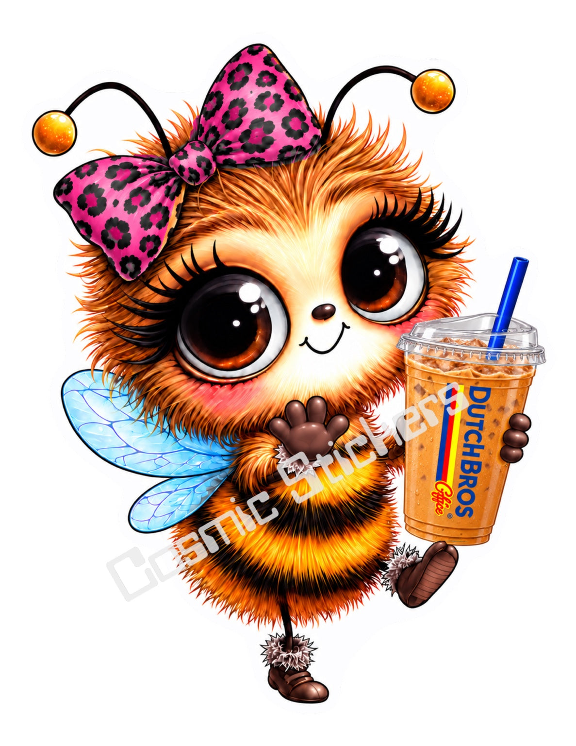 Cute orange and black bee with a pink leopard print bow, blue wings and a Dutch Bros iced coffee cup.